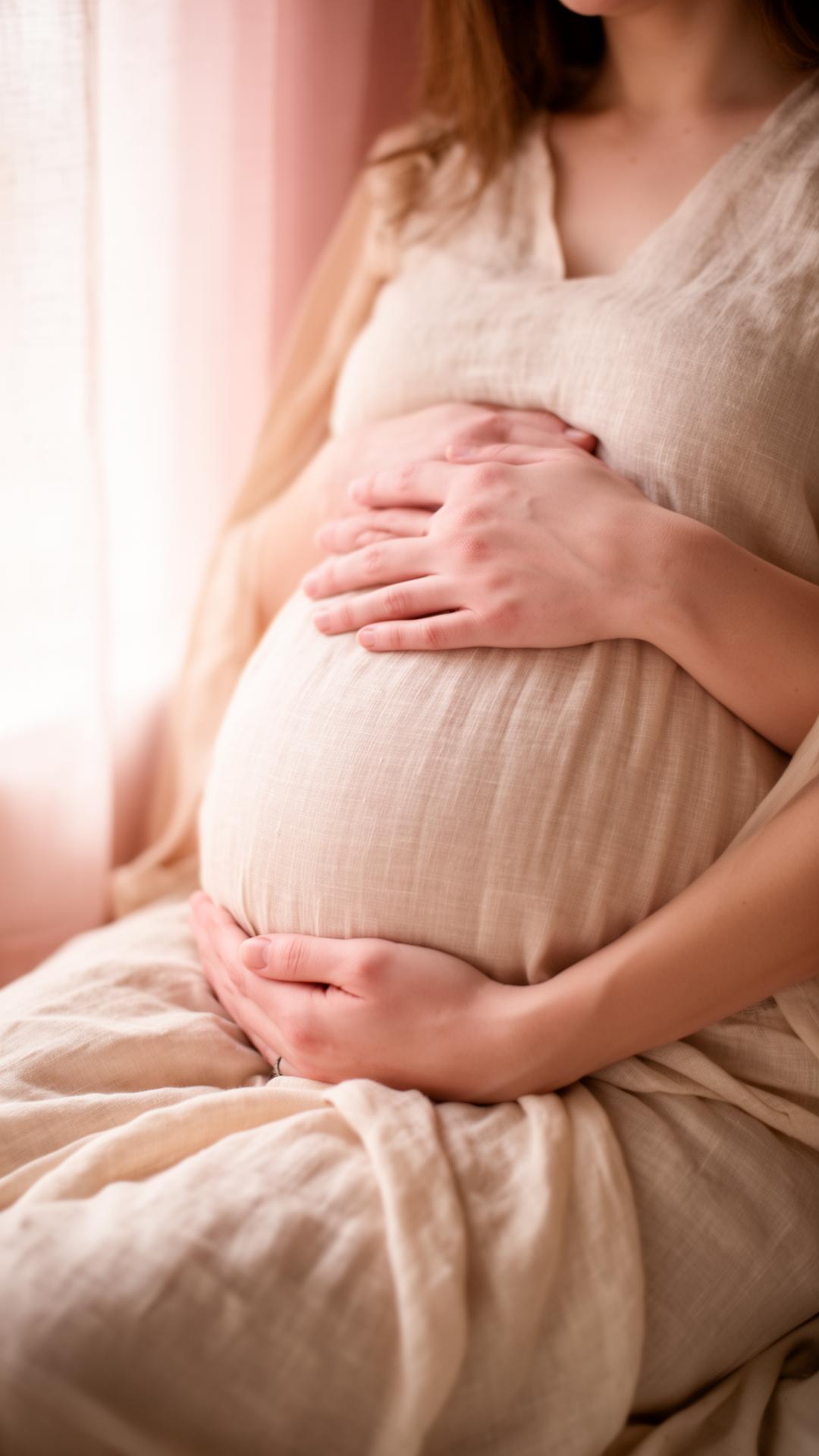 Schwangere Frau hält liebevoll ihren Bauch